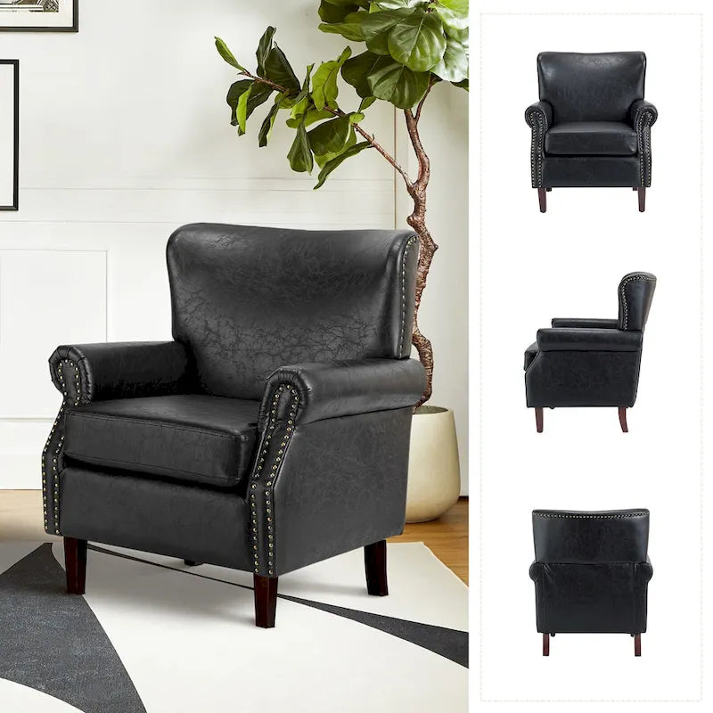 Vegan Leather Transitional Armchairs with Rolled Arms, Set of 2