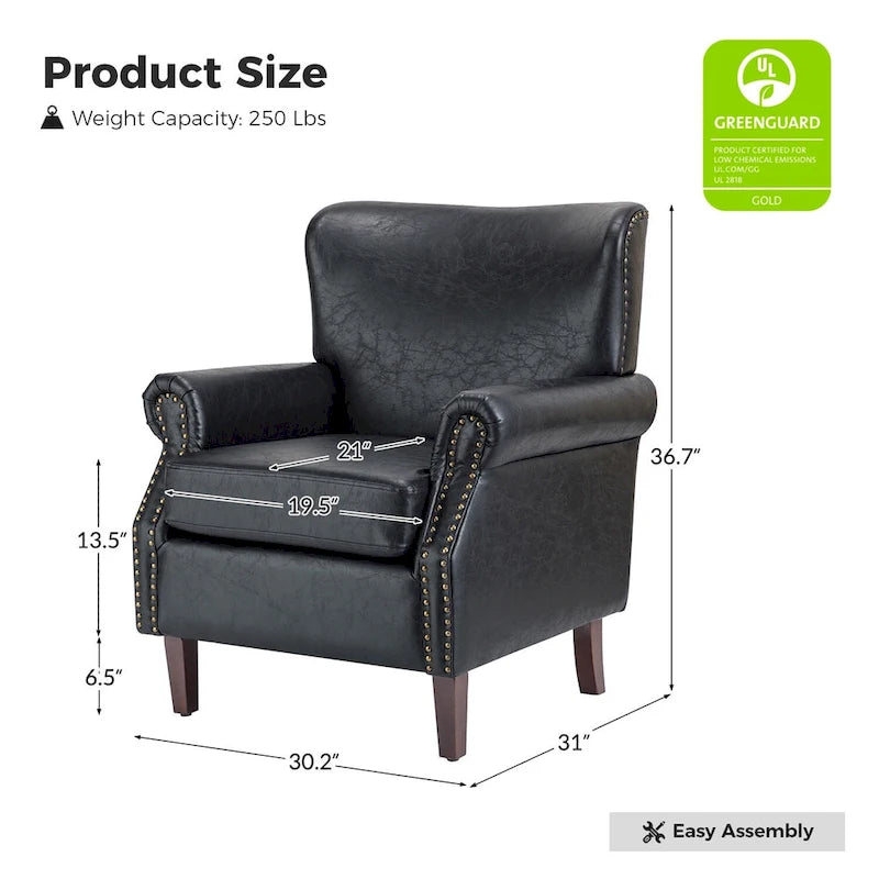 Vegan Leather Transitional Armchairs with Rolled Arms, Set of 2