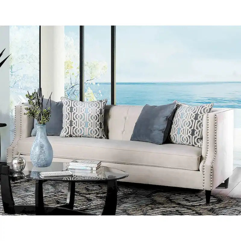 Transitional Microfiber Upholstered Tufted Back Tuxedo Arm Sofa