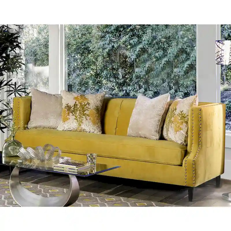 Transitional Microfiber Upholstered Tufted Back Tuxedo Arm Sofa