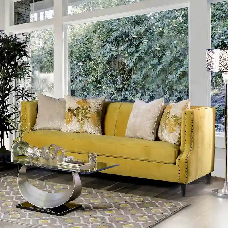 Transitional Microfiber Upholstered Tufted Back Tuxedo Arm Sofa