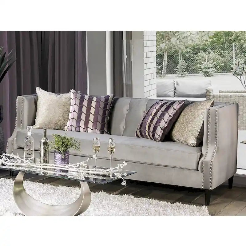 Transitional Microfiber Upholstered Tufted Back Tuxedo Arm Sofa
