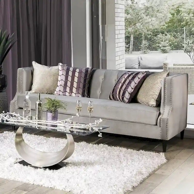 Transitional Microfiber Upholstered Tufted Back Tuxedo Arm Sofa