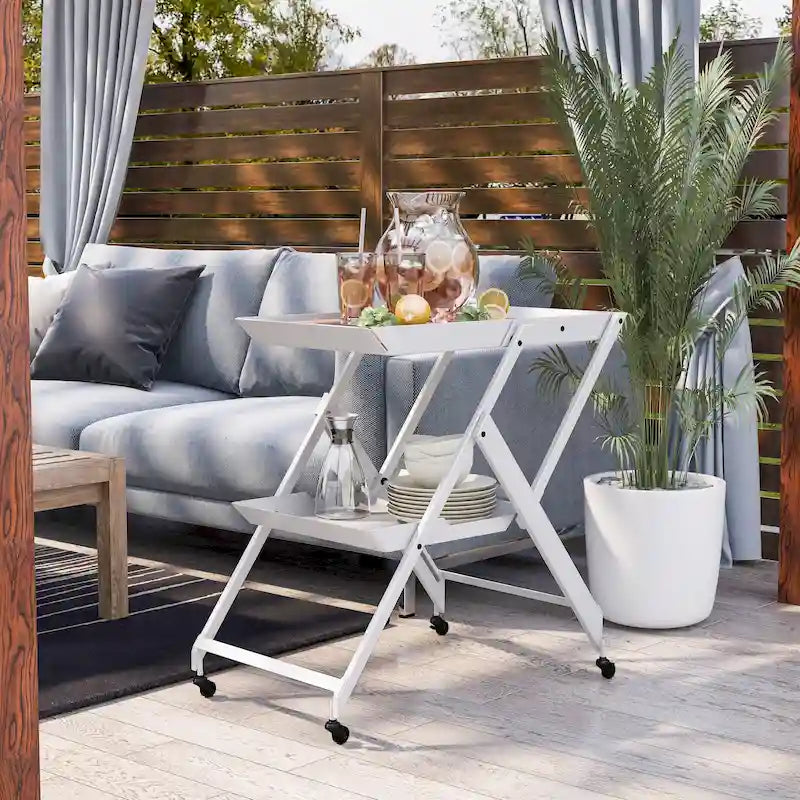 Contemporary Steel 2-Shelf Folding Bar Cart with Wheeled Base