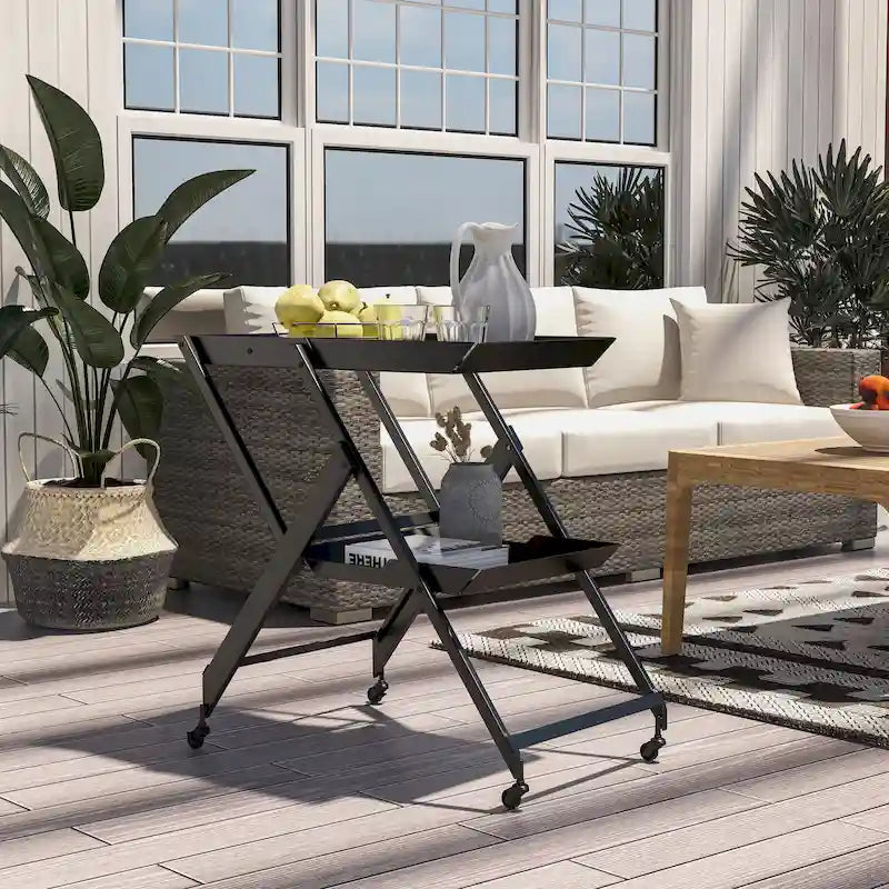 Contemporary Steel 2-Shelf Folding Bar Cart with Wheeled Base