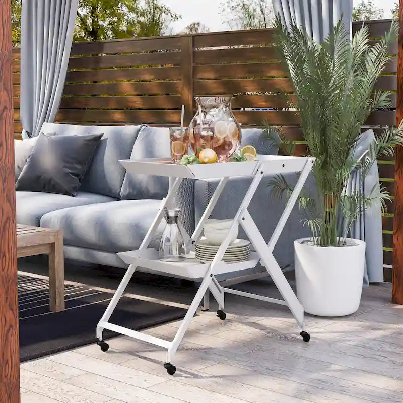 Contemporary Steel 2-Shelf Folding Bar Cart with Wheeled Base