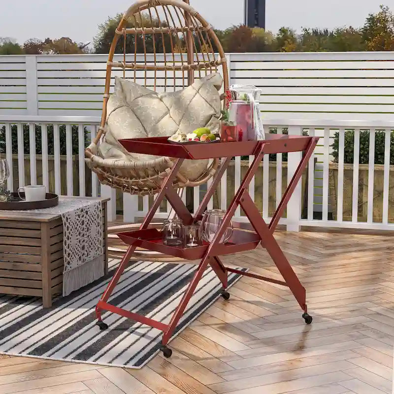 Contemporary Steel 2-Shelf Folding Bar Cart with Wheeled Base