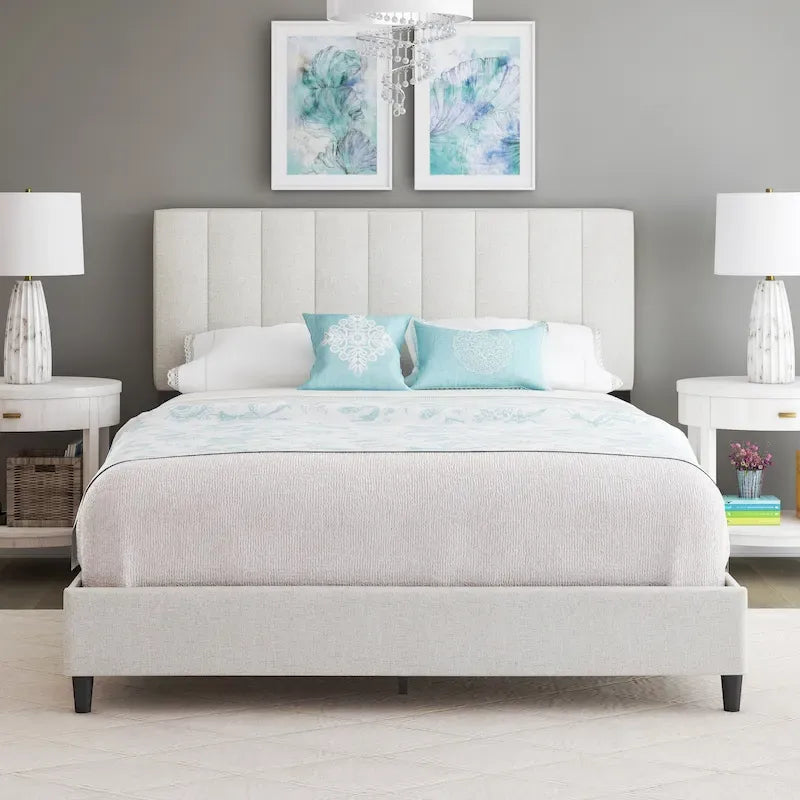 Linen Fully Upholstered Platform Bed Frame with Adjustable Headboard