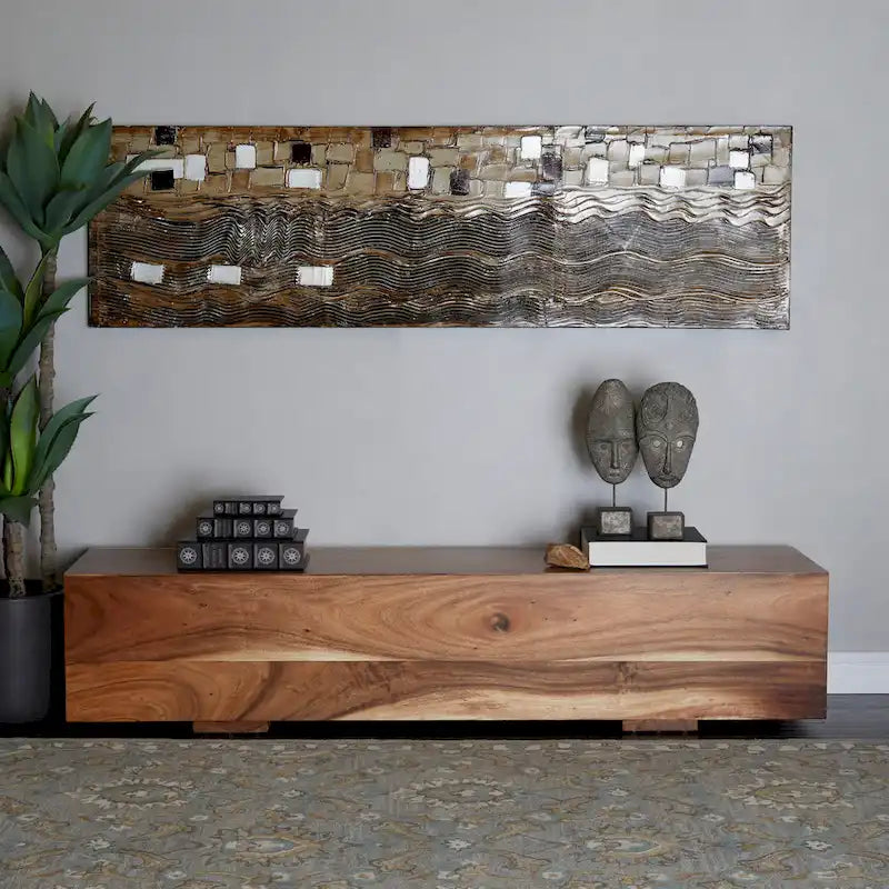 Brown Wood Block Bench with Elevated Base