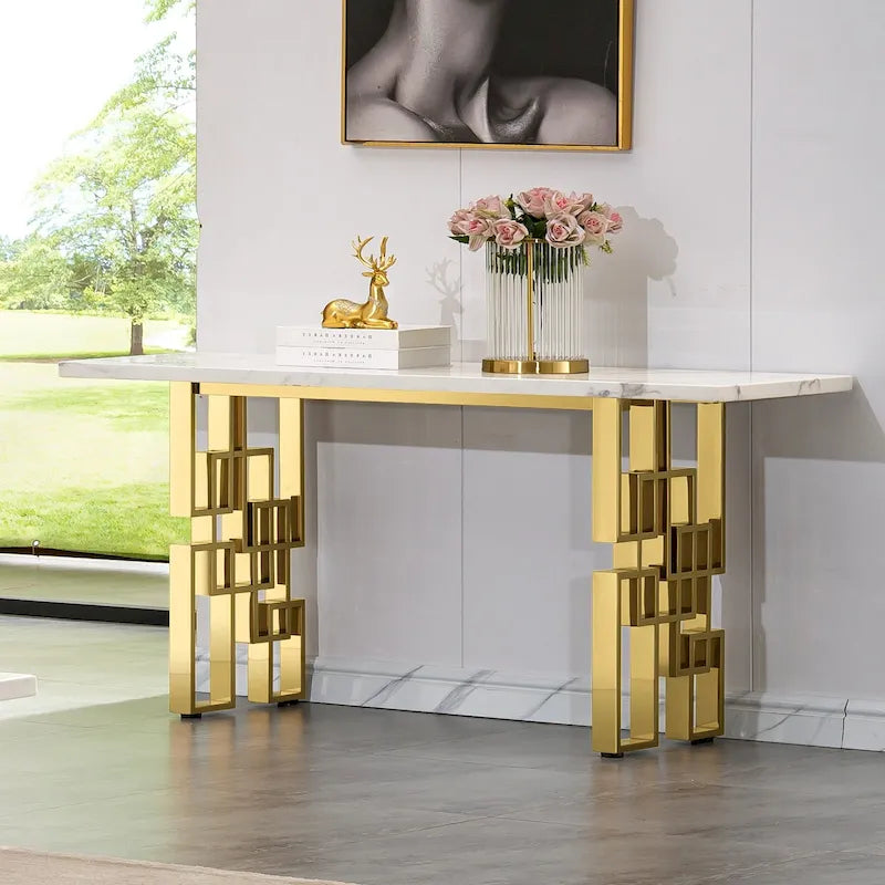 Modern Console Table 55 inch Sofa Table with High Gloss Top and Mirrored Metal Base for Entryway Living Room