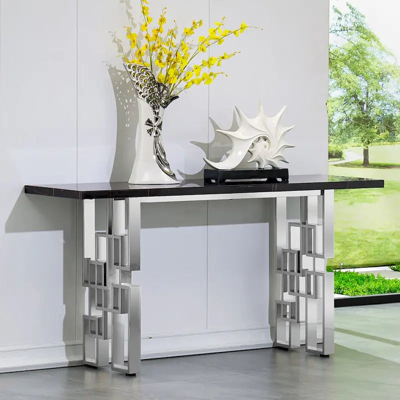 Modern Console Table 55 inch Sofa Table with High Gloss Top and Mirrored Metal Base for Entryway Living Room