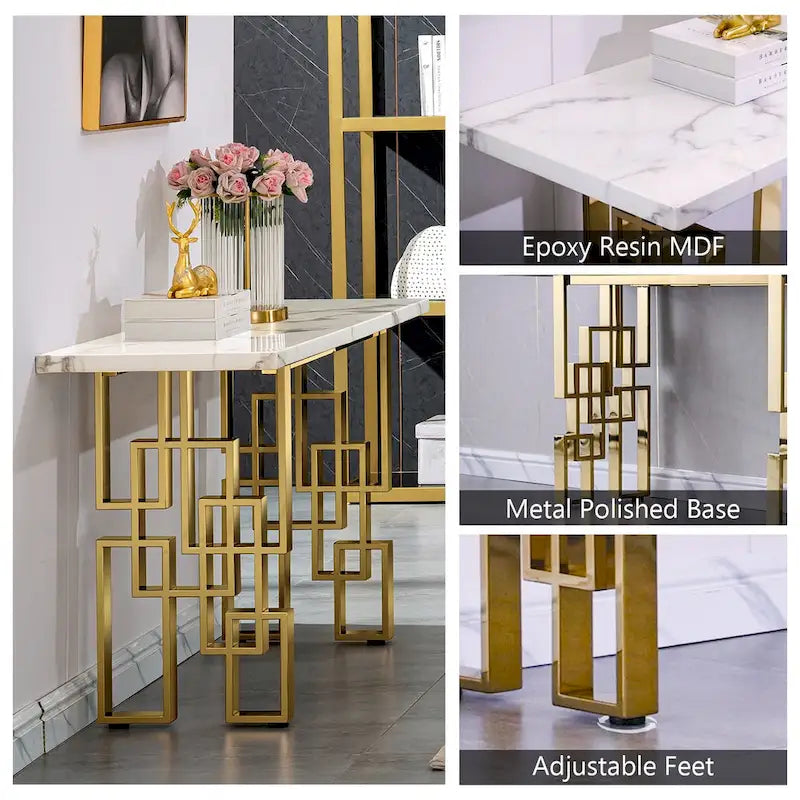 Modern Console Table 55 inch Sofa Table with High Gloss Top and Mirrored Metal Base for Entryway Living Room
