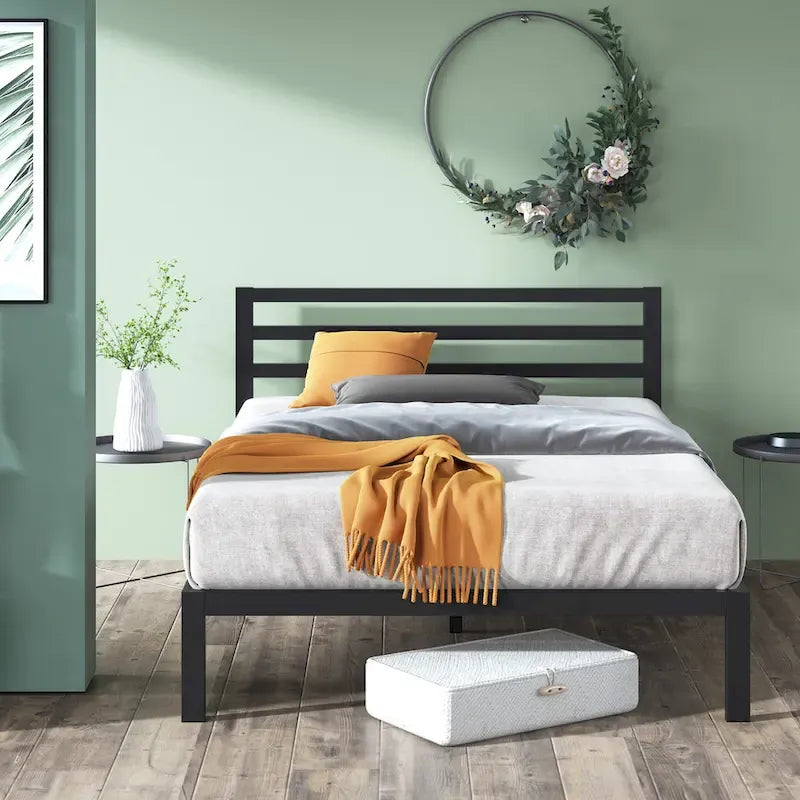 Black Metal Platform Bed Frame with Headboard