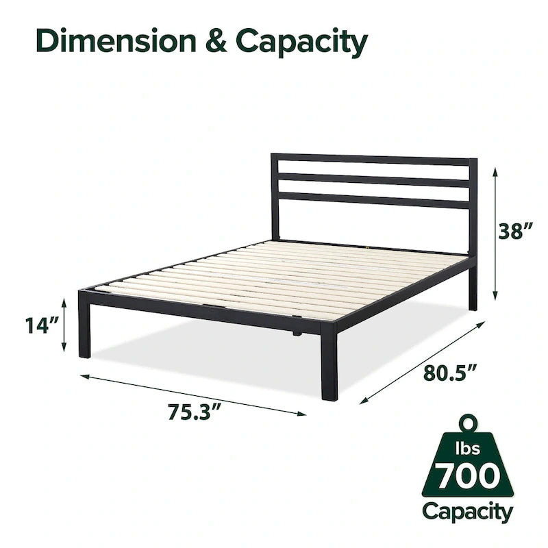 Black Metal Platform Bed Frame with Headboard