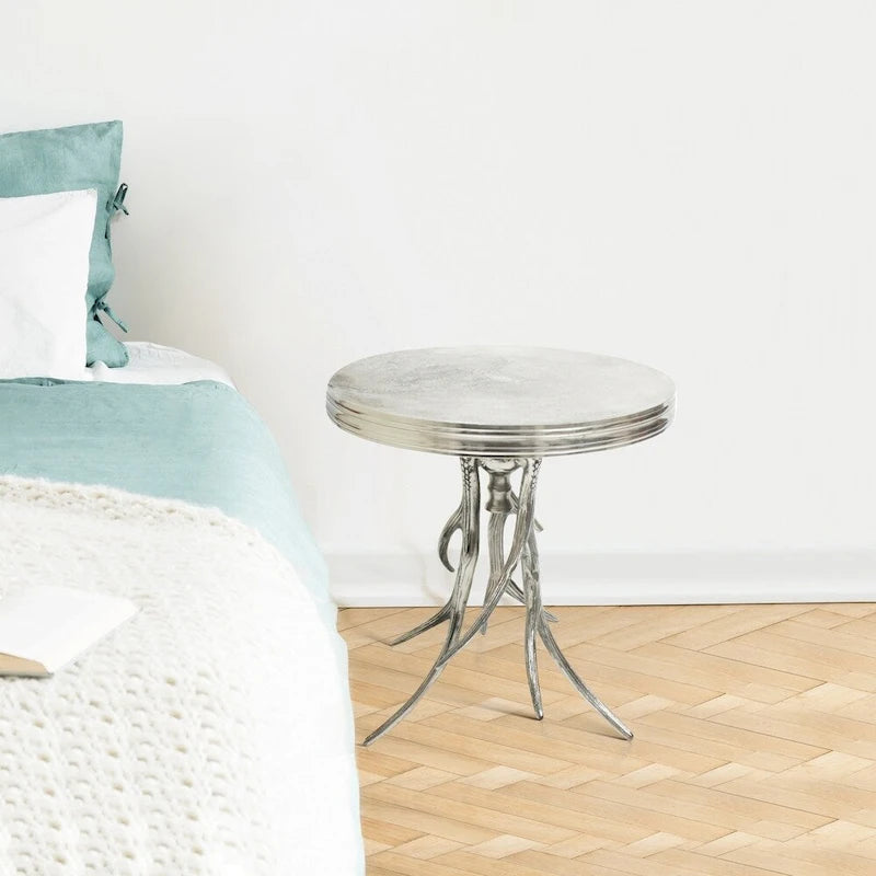 Silver Aluminum Antler Base Side Table with Round Rimmed Top