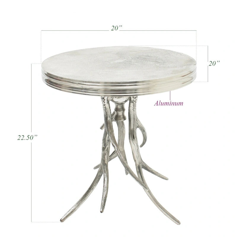 Silver Aluminum Antler Base Side Table with Round Rimmed Top