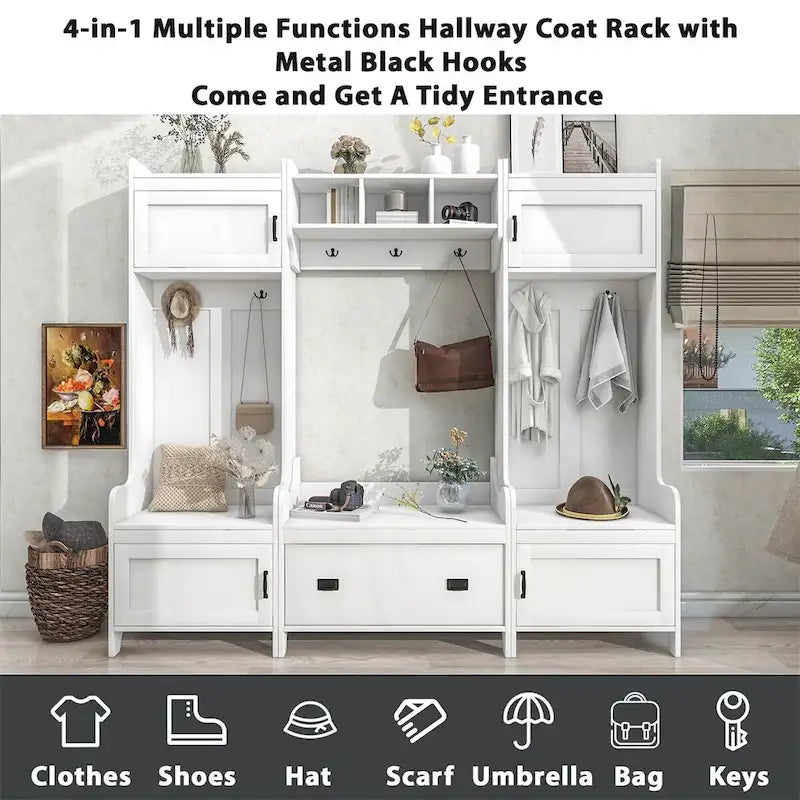 4-in-1 Entryway Bench Hall Tree with 7 Black Metal Hooks
