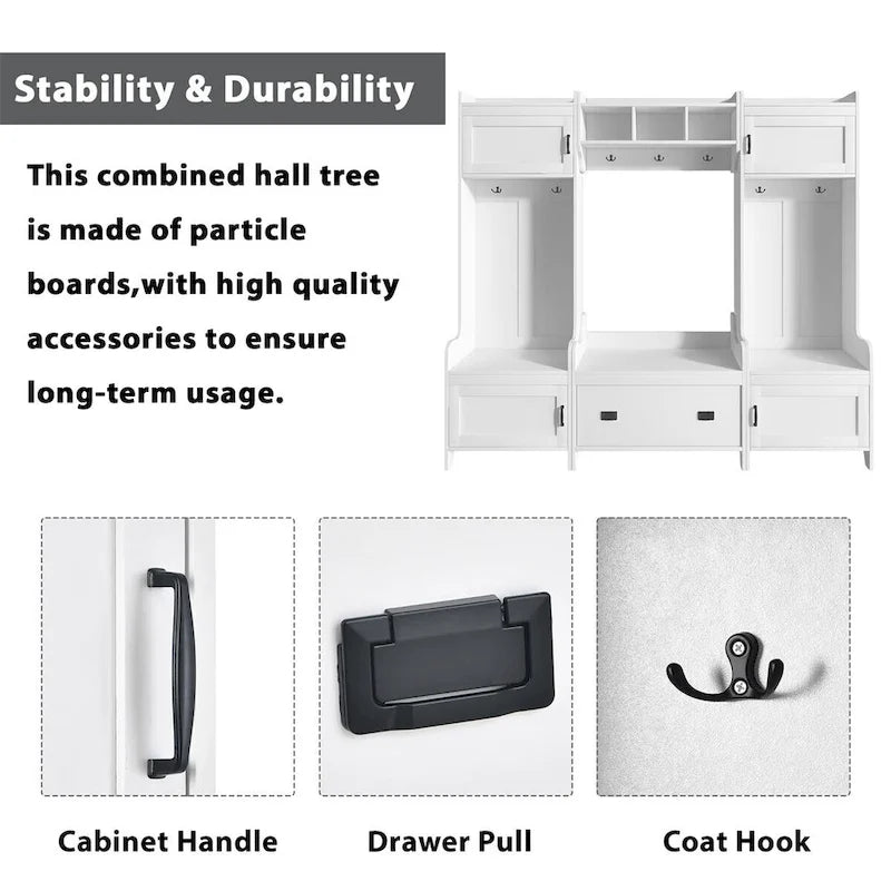 4-in-1 Entryway Bench Hall Tree with 7 Black Metal Hooks