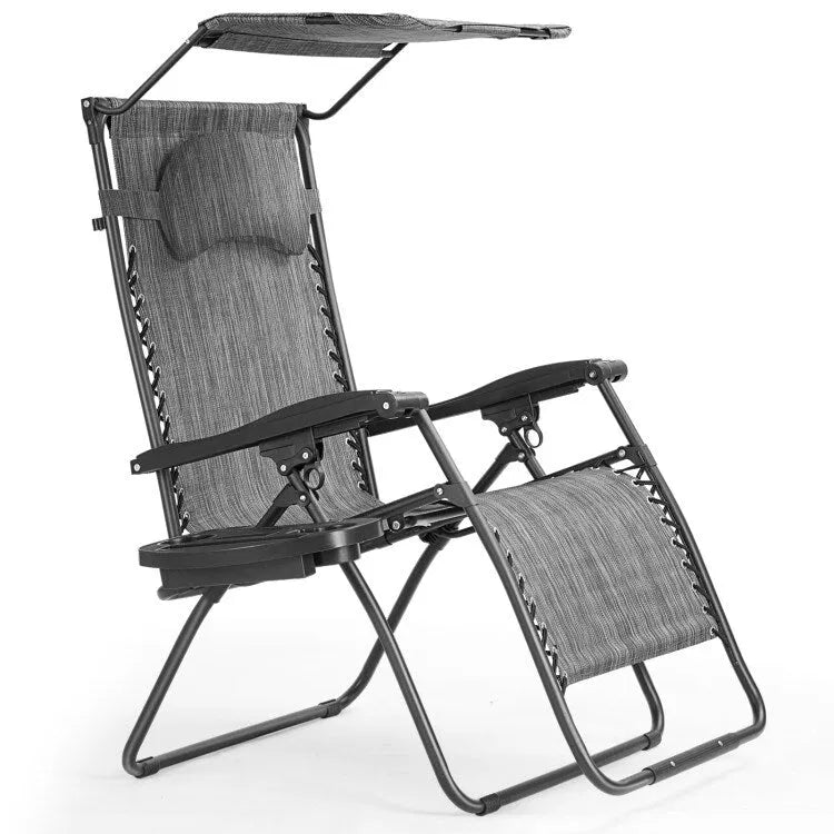 Gray Folding Recliner Lounge Chair with Canopy and Cup Holder
