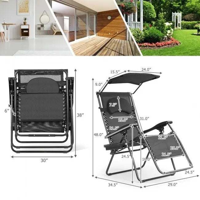 Gray Folding Recliner Lounge Chair with Canopy and Cup Holder