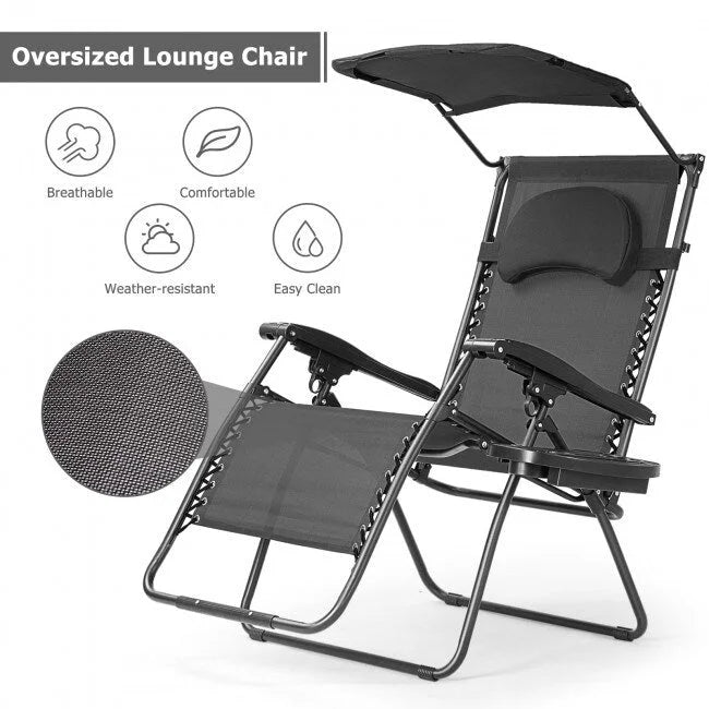 Gray Folding Recliner Lounge Chair with Canopy and Cup Holder
