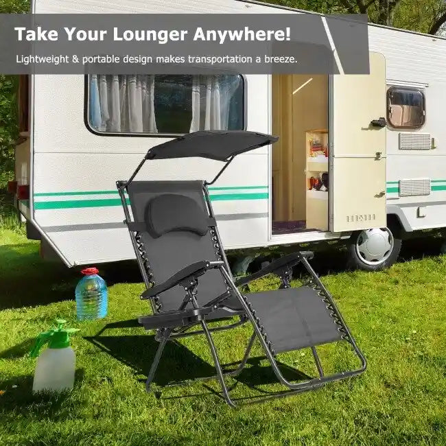 Gray Folding Recliner Lounge Chair with Canopy and Cup Holder
