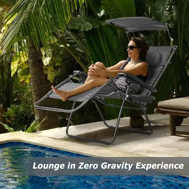 Gray Folding Recliner Lounge Chair with Canopy and Cup Holder