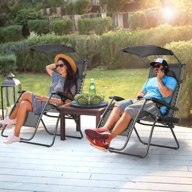Gray Folding Recliner Lounge Chair with Canopy and Cup Holder