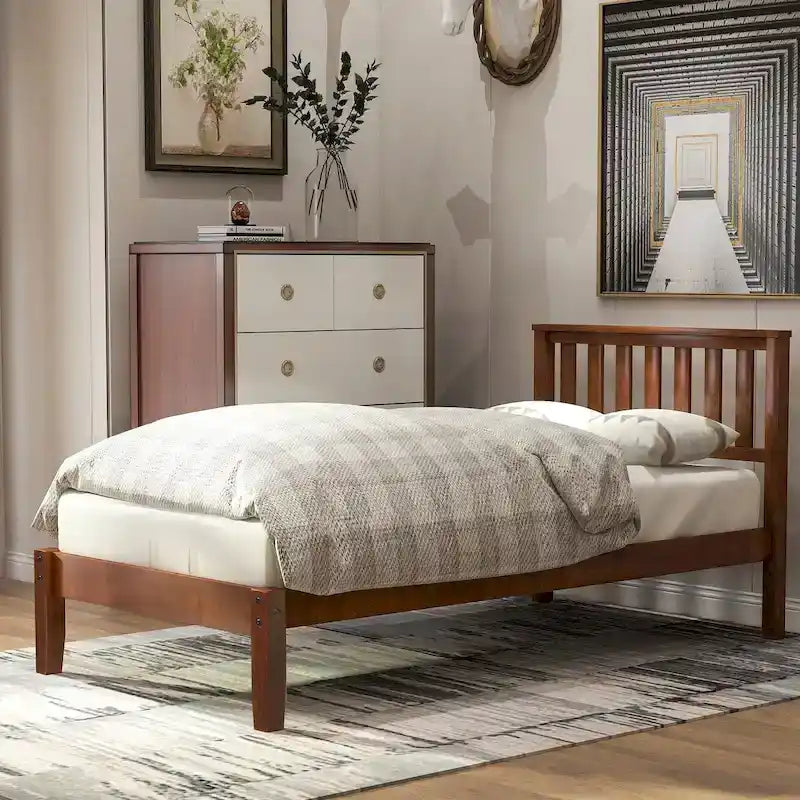 Wood Platform Bed with Headboard and Slat Support