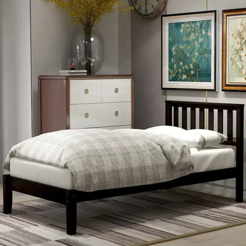 Wood Platform Bed with Headboard and Slat Support