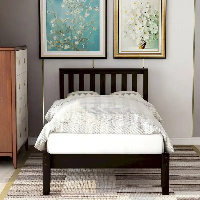 Wood Platform Bed with Headboard and Slat Support