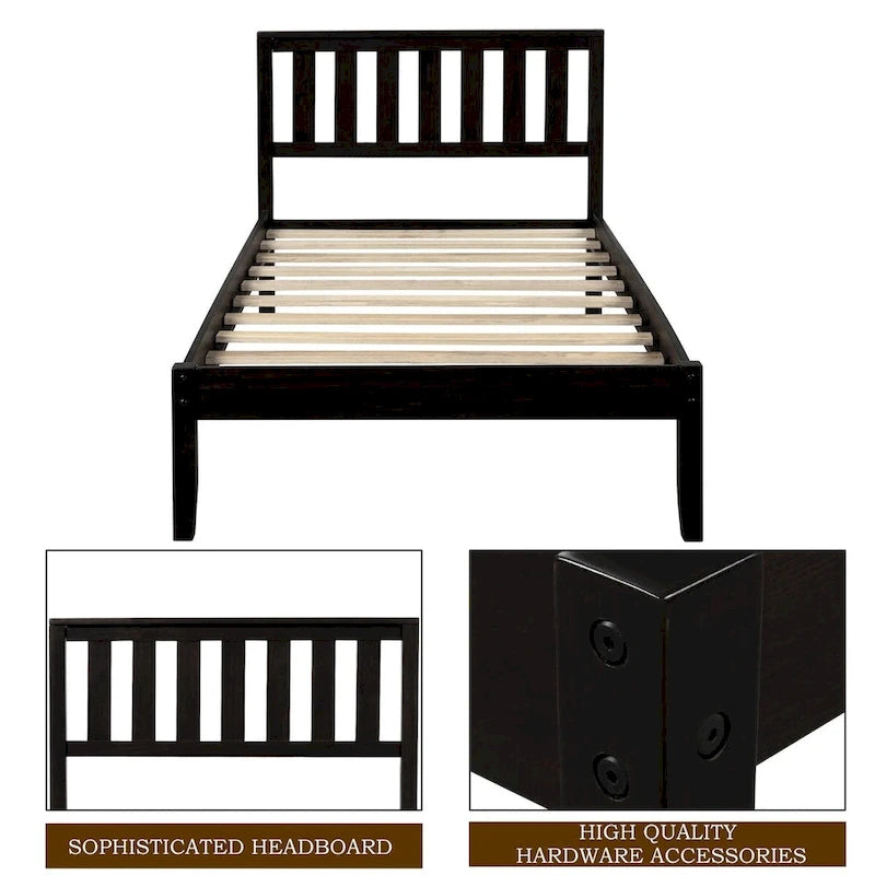 Wood Platform Bed with Headboard and Slat Support