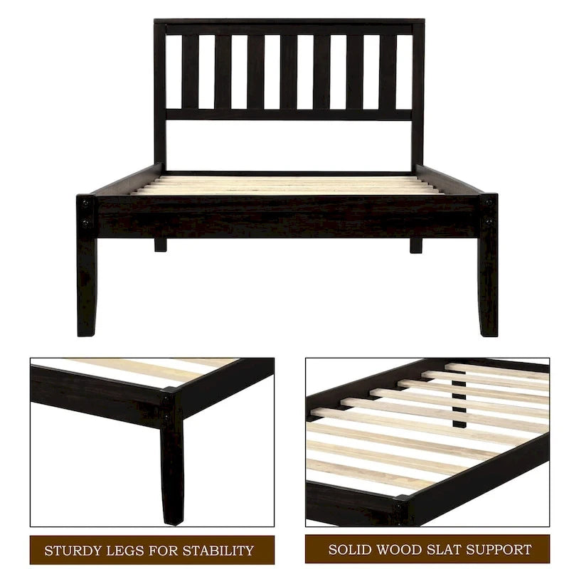 Wood Platform Bed with Headboard and Slat Support
