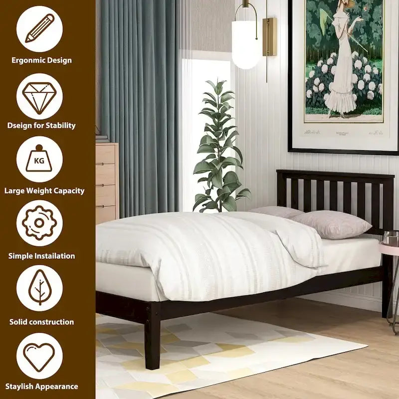 Wood Platform Bed with Headboard and Slat Support