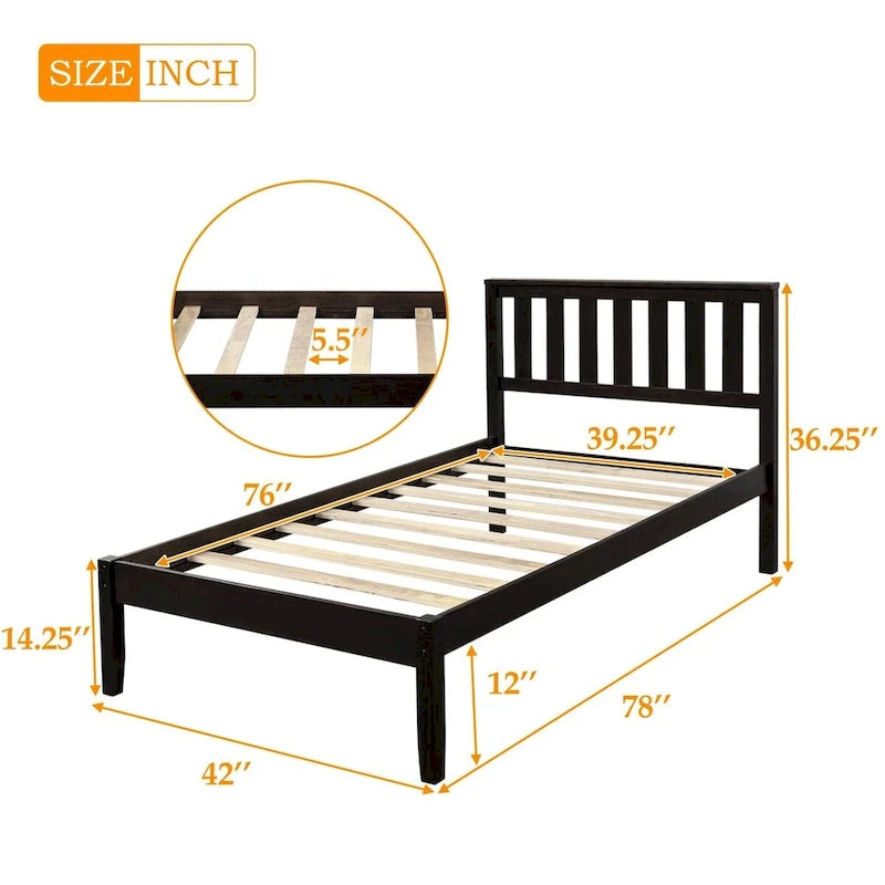 Wood Platform Bed with Headboard and Slat Support