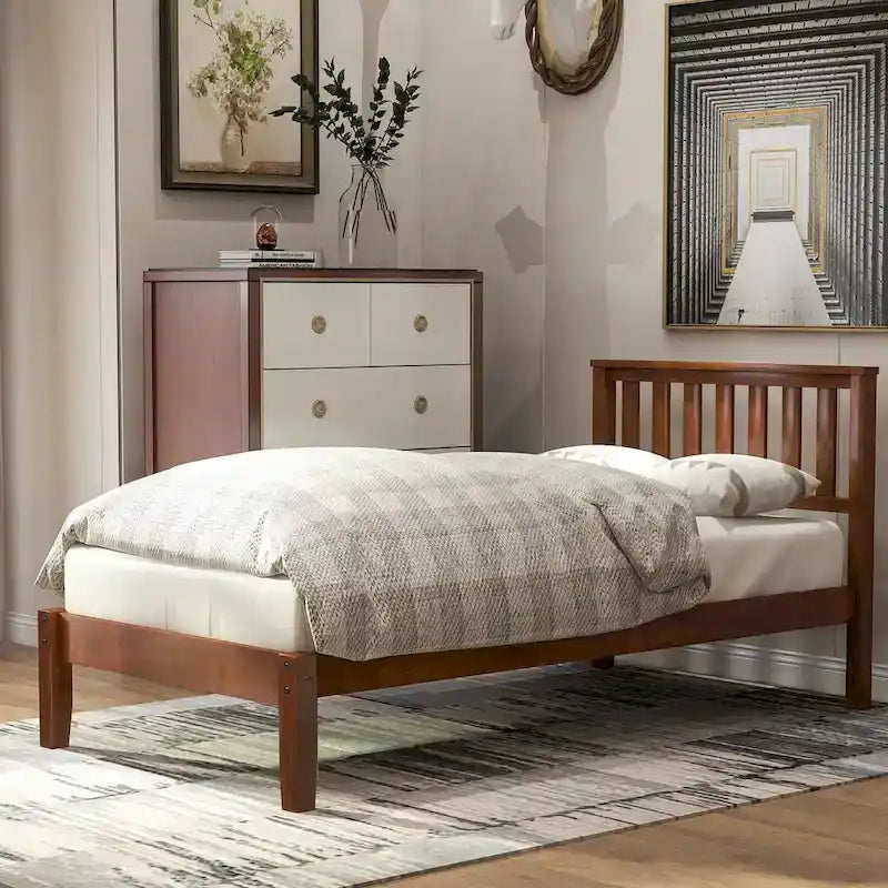 Wood Platform Bed with Headboard and Slat Support