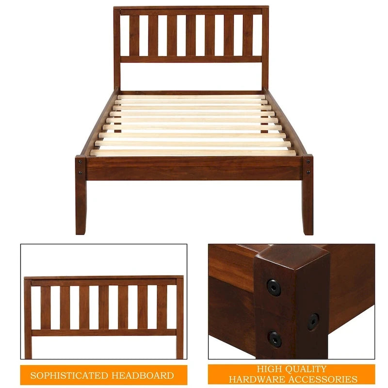 Wood Platform Bed with Headboard and Slat Support