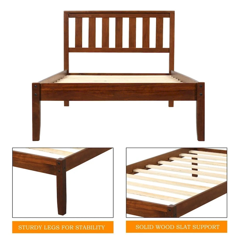 Wood Platform Bed with Headboard and Slat Support