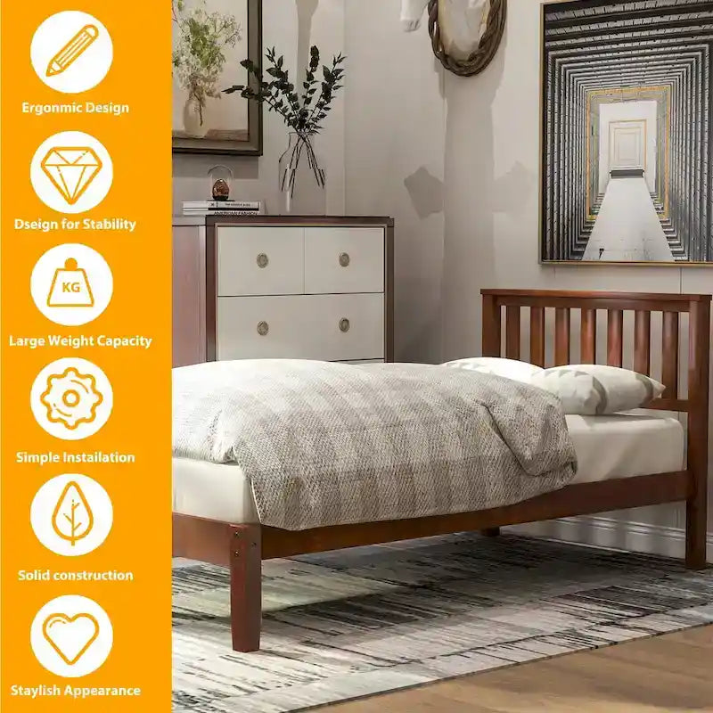 Wood Platform Bed with Headboard and Slat Support