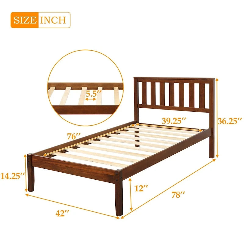 Wood Platform Bed with Headboard and Slat Support