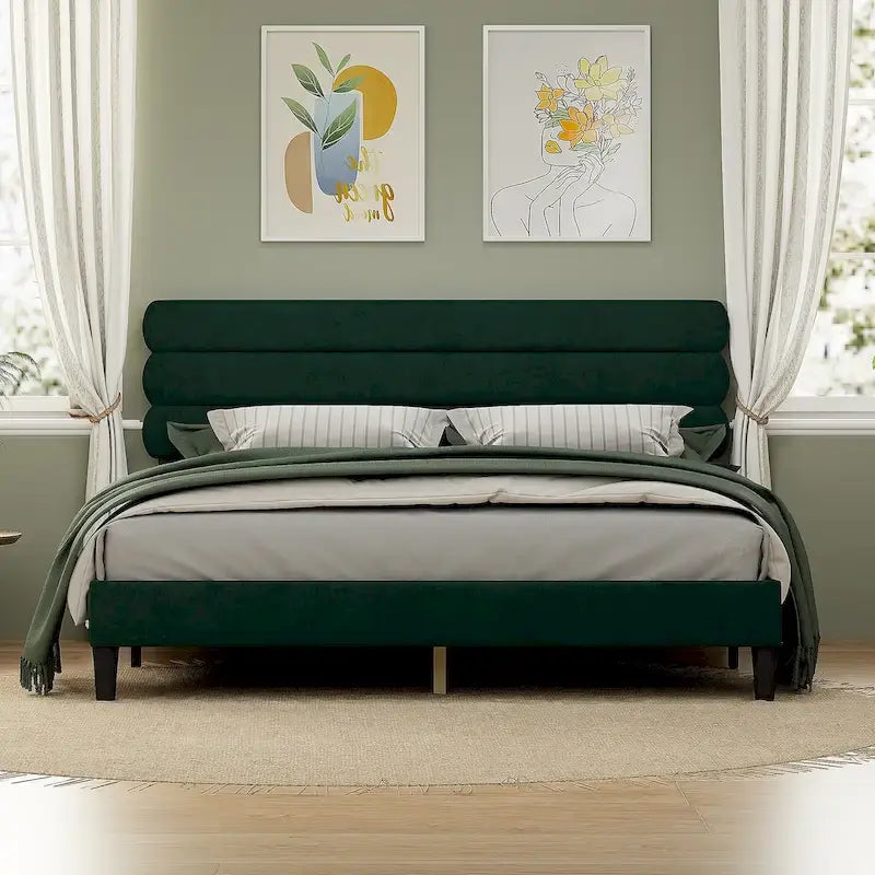 Upholstered King Platform Bed Frame with Headboard and Wooden Slats