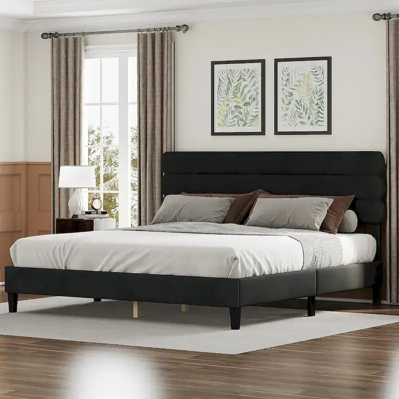 Upholstered King Platform Bed Frame with Headboard and Wooden Slats