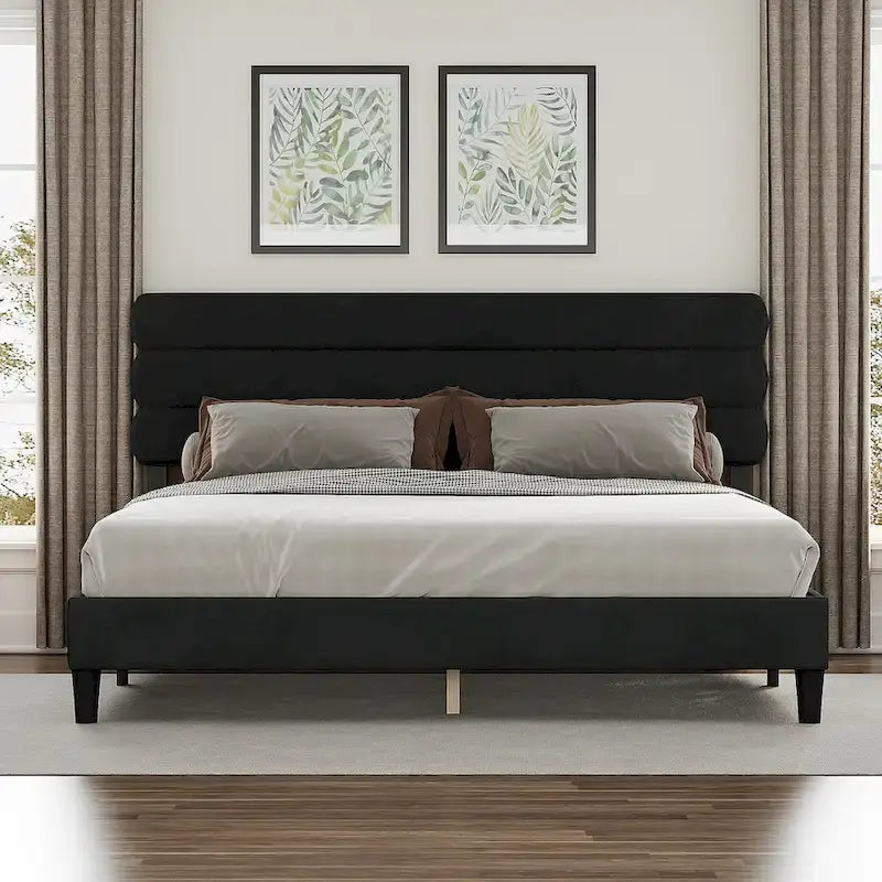 Upholstered King Platform Bed Frame with Headboard and Wooden Slats