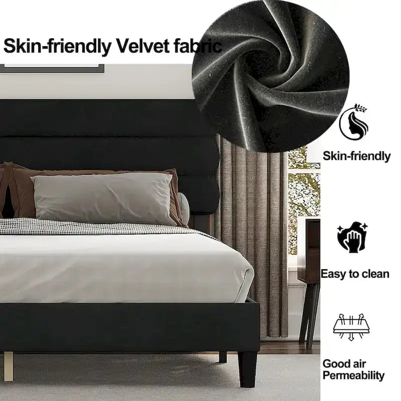 Upholstered King Platform Bed Frame with Headboard and Wooden Slats
