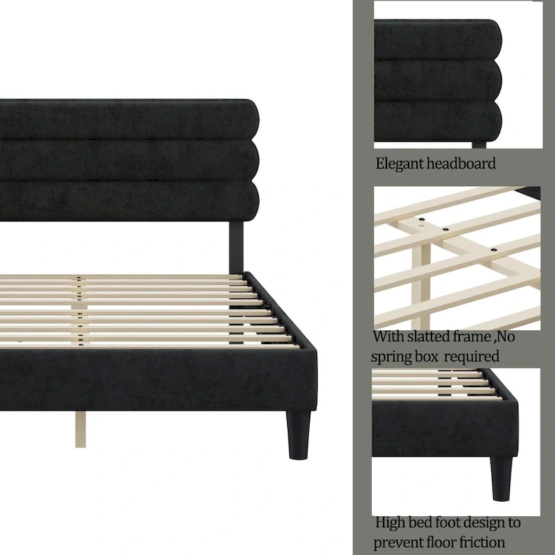 Upholstered King Platform Bed Frame with Headboard and Wooden Slats