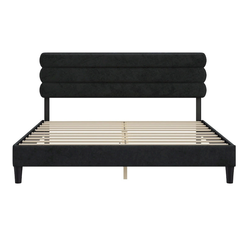 Upholstered King Platform Bed Frame with Headboard and Wooden Slats