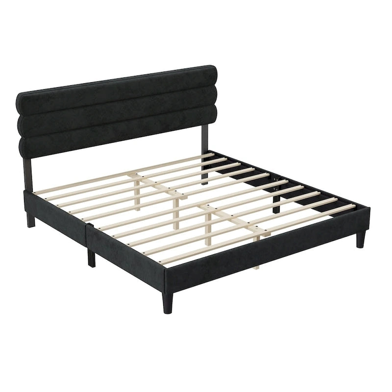 Upholstered King Platform Bed Frame with Headboard and Wooden Slats