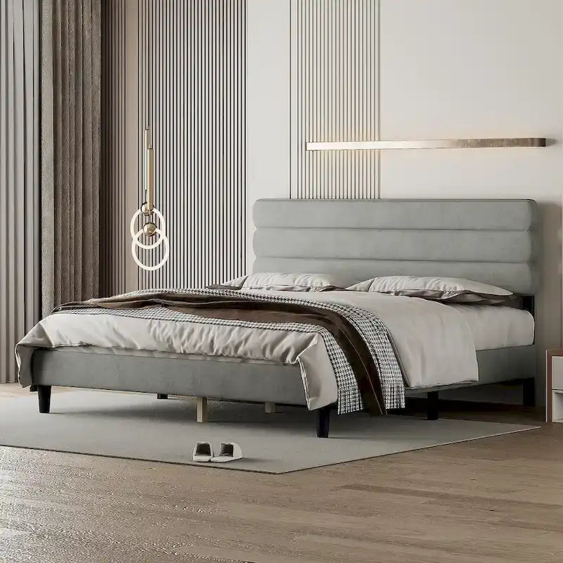 Upholstered King Platform Bed Frame with Headboard and Wooden Slats