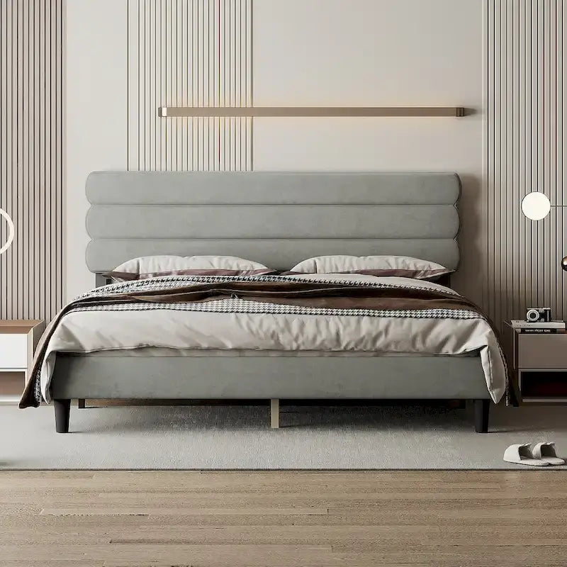 Upholstered King Platform Bed Frame with Headboard and Wooden Slats