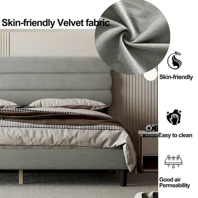 Upholstered King Platform Bed Frame with Headboard and Wooden Slats